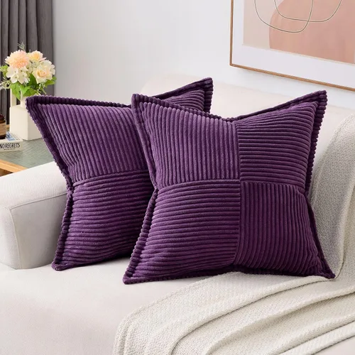 Miniatura 25 de HAUSSY Paquete de 2 fundas de almohada de 22 x 22 pulgadas, fundas decorativas de pana suave, estilo bohemio a rayas sólidas, fundas de cojín