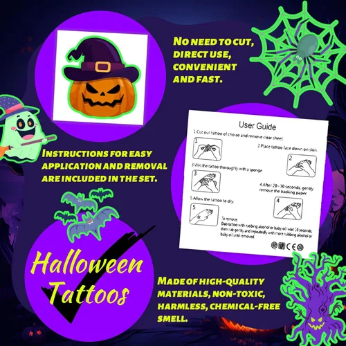 Miniatura 7 de winthrop 240 tatuajes temporales luminosos de Halloween para niños, envueltos individualmente que brillan en la oscuridad, tatuajes de seguridad