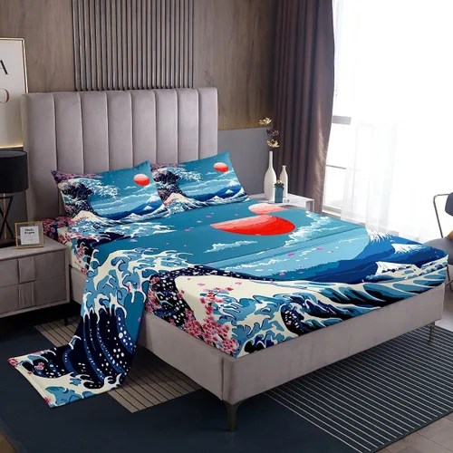 Castle Fairy Ukiyoe Ocean - Juego de sábanas tamaño individual, juego de sábanas de flor de cerezo de estilo japonés para niños y adolescentes,