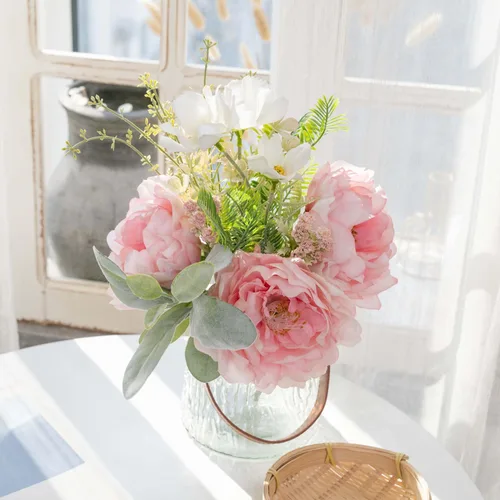 Miniatura 2 de KIRIFLY Flores artificiales falsas en jarrón, centros de mesa de seda de peonía sintética para decoración de mesa de boda (rosa en vidrio)