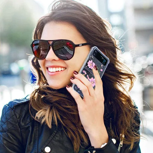 Miniatura 7 de Abbery Funda transparente para Samsung Galaxy Z Flip 3 5G, transparente y con diseño de purpurina bonita con purpurina floral prensada de Rosa