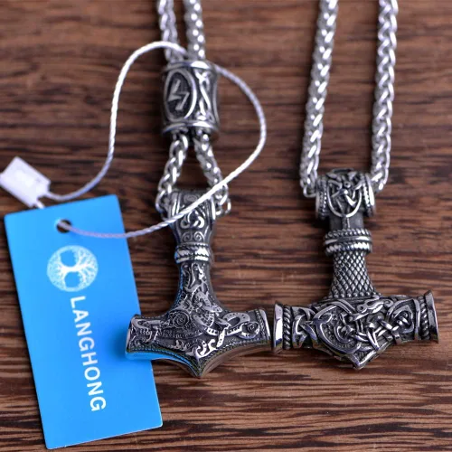 Miniatura 2 de Collar de martillo de Thor vikingo nórdico Mjolnir para hombre, joyería de talismán
