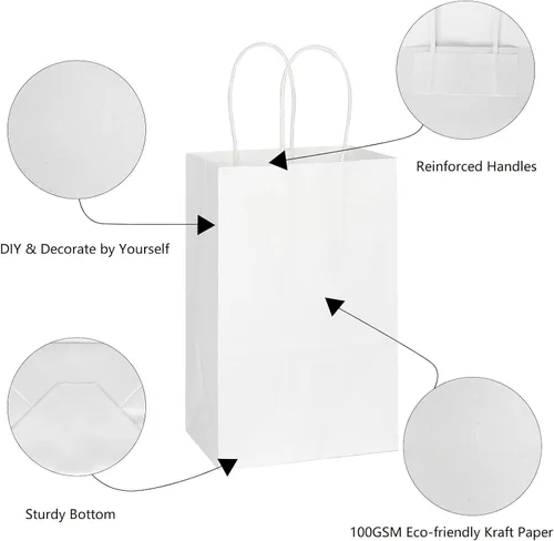 Miniatura 3 de Toovip Paquete de 50 bolsas pequeñas de papel kraft blanco de 5.25 x 3.25 x 8.25 pulgadas con asas a granel, bolsas de envolver regalos