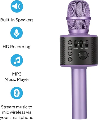 Miniatura 2 de Micrófono de karaoke inalámbrico Bluetooth con altavoces incorporados + grabación HD, micrófono portátil de mano Lila