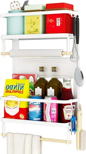 EASTTOWEST Estante magnético para especias, estante magnético de cocina de 4 niveles para refrigerador con 2 soportes para toallas de papel y 5