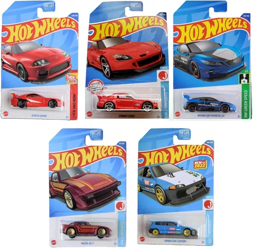Hot Wheels Paquete de 5 unidades de afinador de importación fundido a presión 2022 (L2593‑977M) | Toyota Supra, Honda Civic Custom, Mazda RX‑7,
