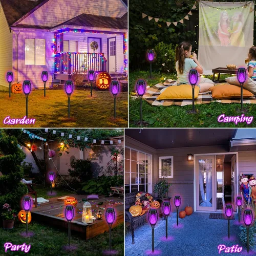 Miniatura 2 de IkeeRuic Decoraciones de Halloween al aire libre, luces solares de Halloween moradas con llama parpadeante, luces solares para decoración de patio