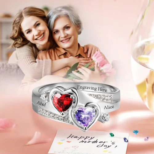 Miniatura 6 de Anillo de plata de ley con piedras de nacimiento, anillos de piedra natal personalizados para mujeres, mamá, nombres grabados, anillos de promesa