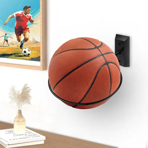 Miniatura 4 de Soporte de pared para baloncesto VIVTOB, soporte de pared para pelota de 7 pulgadas con base de madera maciza de nogal negro y anillo de metal