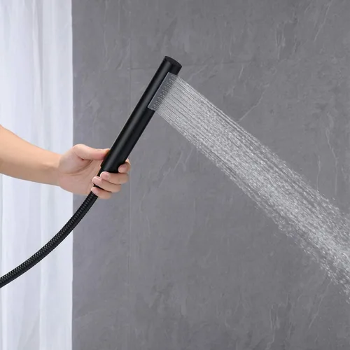 Miniatura 6 de Wowkk Grifo de bañera independiente Llenador de bañera Negro Montaje en piso Latón de una sola manija Grifos de baño con ducha de mano Oro cepillado