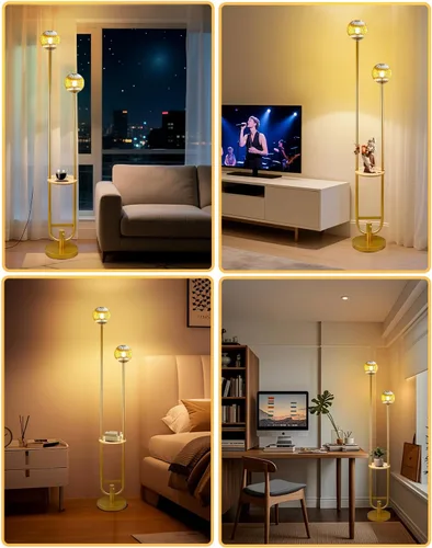 Miniatura 8 de Lámpara de pie de cristal con bandeja, lámpara de pie globo dorada regulable para bodas/fiestas, 2 bombillas blancas suaves y cálidas de 3000K