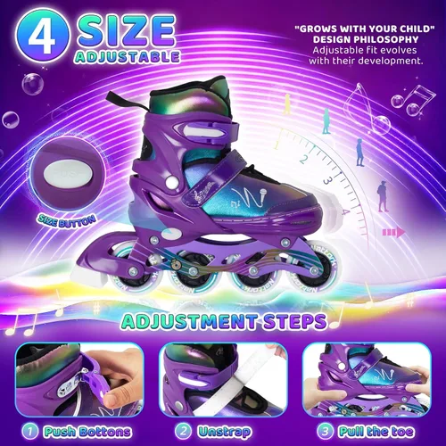Miniatura 5 de Nattork Patines en línea ajustables para niños y adolescentes con ruedas iluminadas, color degradado, deslizamiento suave Púrpura