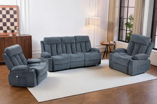 Miniatura 12 de Juego de sofá reclinable manual, 3 piezas con bolsillos laterales, portavasos para cine en casa, oficina (azul, sofá biplaza+silla)