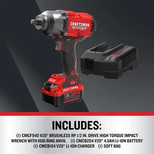 Miniatura 2 de CRAFTSMAN Llave de impacto V20 RP, inalámbrica, sin escobillas, alto par, 1/2 pulgada, batería de 4Ah y cargador incluidos (CMCF940M1)