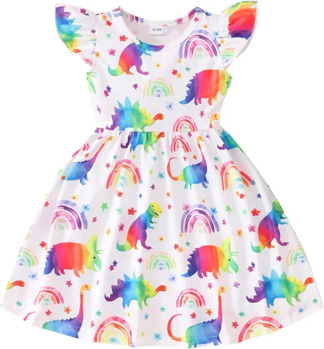 Vestido de verano para niñas pequeñas Lindo patrón de girasol de dinosaurio, vestido casual de verano con volantes y mangas de mariposa
