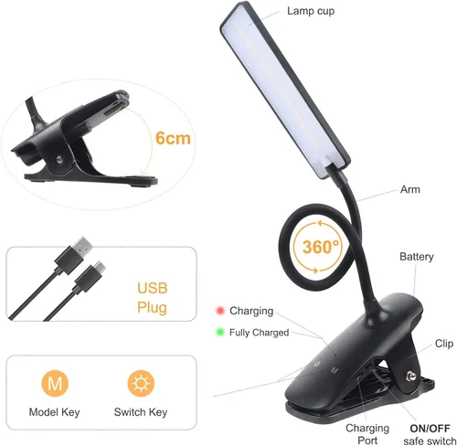 Miniatura 3 de Luz de Lectura LED con Clip Recargable USB Luces para Libros, 24 LEDs Lámpara de Cama Nocturna de Cuello Flexible, Control Táctil Lámparas de Negro