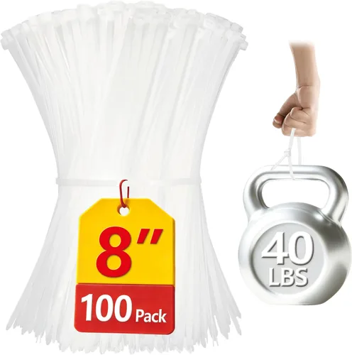 Bridas de cables con cremallera de 8 pulgadas (100 piezas), ataduras de cable de nailon de alta calidad con autobloqueo, color blanco resistente,