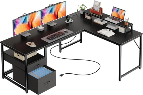PRAISUN Escritorio en forma de L de 55 pulgadas con tomas de corriente y puerto USB-C, escritorio de oficina en casa con cajones de tela de archivos