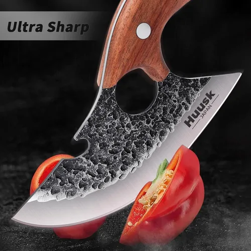 Miniatura 7 de Huusk Cuchillos vikingo para cortar carne, pequeño cuchillo Ulu, forjado a mano, cuchillos Ultimo cavernícolas de espiga completa para cocina