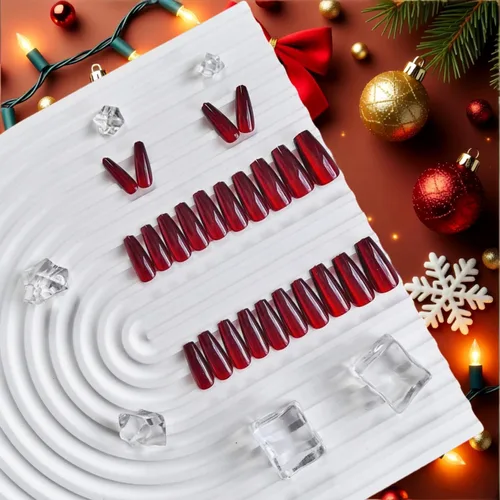 Miniatura 4 de KQueenest Uñas postizas largas a presión con diseño de ojo de gato, cuadradas, medianas, color rojo oscuro con purpurina, ataúd, uñas acrílicas a
