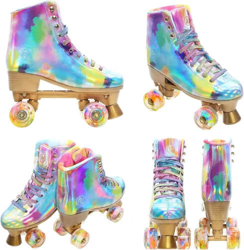 Miniatura 5 de JajaHoho Patines de ruedas para mujer, patines holográficos de alta calidad de piel sintética, patines brillantes de doble fila con cuatro ruedas