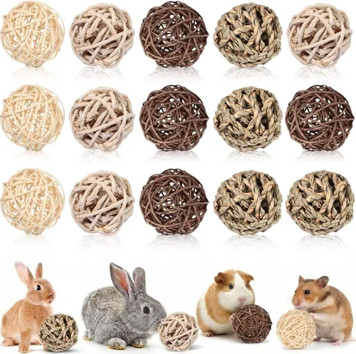 Skylety 15 bolas masticables de conejo para conejos, juguetes de hierba rodante de animales pequeños y golosinas para conejillos de indias,