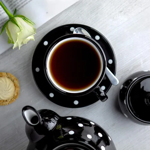 Miniatura 3 de City to Cottage Taza y platillo de café capuchino de cerámica grande de lunares blancos y negros hechos a mano de 12 oz/11.8 fl oz, cerámica