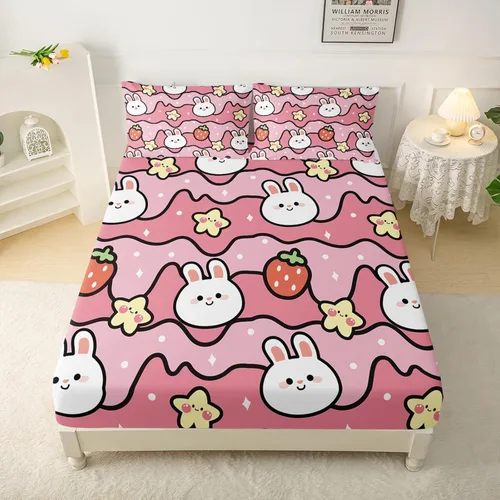 Miniatura 3 de QOOMO Sábanas Kawaii de Conejo para Niños Tamaño Twin, Juego de Sábanas de Cama Kawaii Bunny con Bolsillo Profundo de 16", Juego de Sábanas