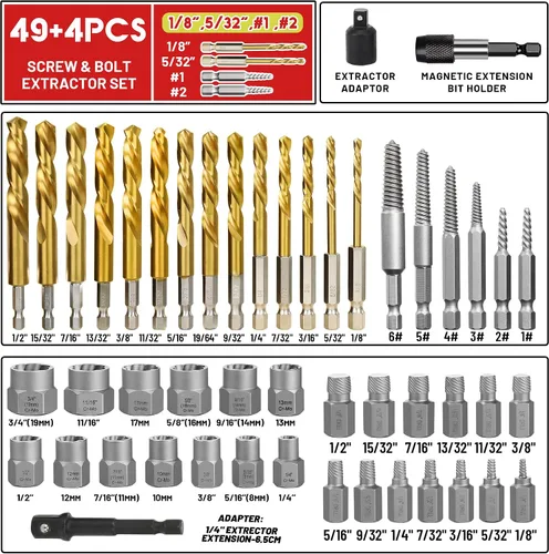 Miniatura 2 de Juego de 53 extractores de tornillos, juego de brocas para mano izquierda 6542/4341 HSS, juego de extractor de pernos fácil de sacar con adaptador