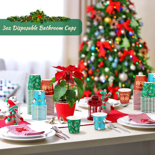 Miniatura 2 de Cunhill Paquete de 600 vasos de papel de Navidad de 3 onzas, pequeños vasos desechables para baño con diseño de copos de nieve de Papá Noel y pan