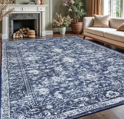 Miniatura 96 de KILOCOCO Alfombra lavable de 2 x 3 para entrada, estampado floral vintage, suave, antideslizante, azul, alfombras de cocina, tapete