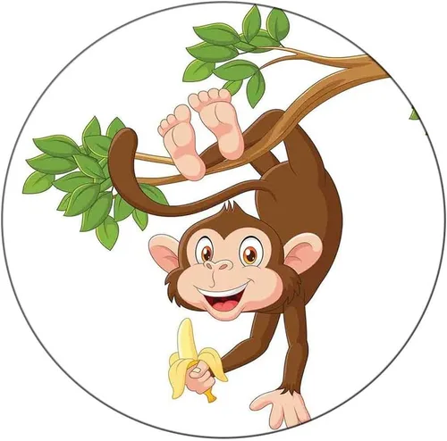 Mantel redondo ajustable de vinilo, mantel de poliéster con estampado de dibujos animados, divertido mono colgante del árbol con plátano, se ajusta