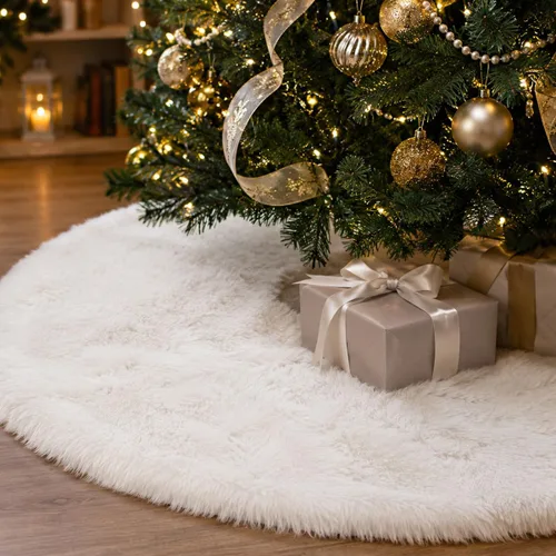 Miniatura 24 de Faldones de Felpa para Árbol de Navidad, 24 pulgadas, Lujosa Cubierta de Base de Árbol de Navidad de Piel Sintética Negra con Copos de Nieve Dorados