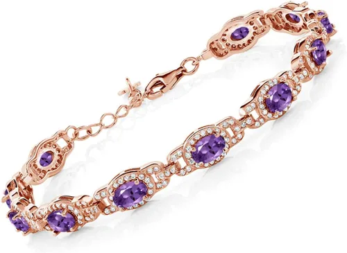 Miniatura 17 de Gem Stone King 18K Rose Gold Plated Silver Oval Gemstone Birthstone Tennis Bracelet For Women Oval 6X4MM 7 Inch With 1 Inch Extender Fine