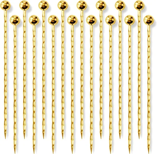 Homestia Púas de cóctel doradas de acero inoxidable, 16 púas de aceituna Martini en espiral torcidas de 4.3 pulgadas con parte superior de bola,