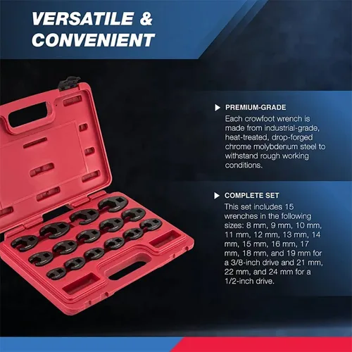 Miniatura 3 de Neiko 03324A, juego de llaves Crowfoot de 1/2" y 3/8”, 15 piezas, tamaños de llaves Crowfoot métricas de 8mm a 24mm, juego de llaves de tuerca
