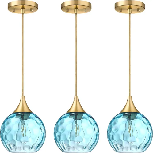 Miniatura 4 de Lámpara colgante de barra de vidrio azul con textura de 6.3 pulgadas, paquete de 3 lámparas colgantes de techo con acabado negro, moderna casa