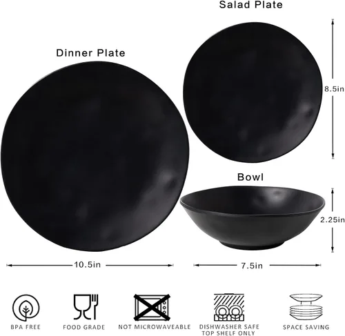 Miniatura 8 de Juego de platos y cuencos de melamina negra, juegos de vajilla de melamina de 12 piezas para uso en interiores y exteriores, juego de platos ligeros