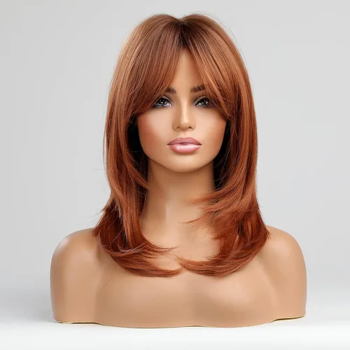 Miniatura 2 de Alanhair MEACO - Pelucas color castaño rojizo para mujer, pelucas largas en capas naranjas con flequillo, pelucas de fibra sintética resistentes al