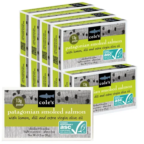 Miniatura 13 de Cole's Filete de Salmón Ahumado Patagónico con Limón y Eneldo en Aceite de Oliva Extra Virgen 3.2 oz Envasado a Mano Salmón Ahumado Enlatado 13g