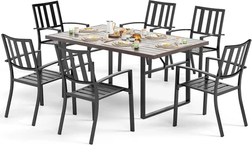 Miniatura 21 de SUNSHINE VALLEY Juego de 7 sillas de comedor para patio, material metálico, 6 sillas de comedor de color teca rectangular con agujero para sombrilla