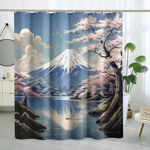 Miniatura 2 de Cortina de ducha japonesa Fuji Mountain de cerezo asiático, cortina de ducha con diseño de anime, decoración de baño, tela de poliéster, 62 x 72 Azul
