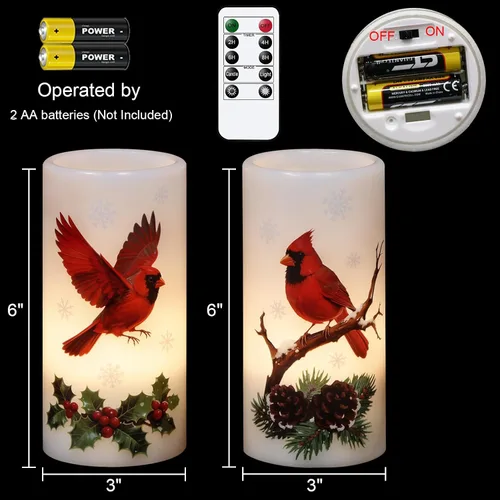 Miniatura 2 de Velas sin llama de cardenal de Navidad en pilar con control remoto y temporizador, velas LED en portavelas de cera real, vela operada por batería