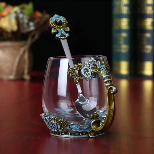 Miniatura 2 de Taza de té de cristal, regalo del día de la madre, taza de té de vidrio con asa, diseño único de esmalte de corona para Navidad, boda, cumpleaños