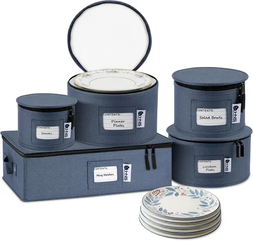 Miniatura 9 de Juego de 5 cajas de almacenamiento de China para vajilla, vasos, platos, tazas y platillos, organizador de platos resistente con divisores