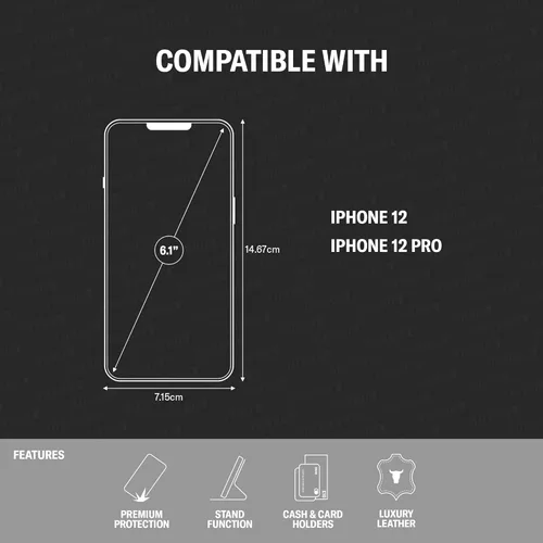 Miniatura 2 de TORRO Funda de cuero compatible con iPhone 12 / iPhone 12 Pro - Funda de piel auténtica tipo cartera con tarjetero y función de soporte