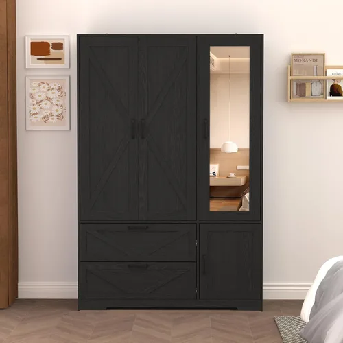 Miniatura 6 de Armario de 3 puertas con puerta de espejo y luces LED, armario de dormitorio con cajones, armario independiente de gran capacidad con barra