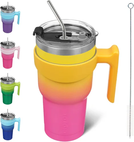 Miniatura 58 de BJPKPK Vaso con asa de acero inoxidable de 20 onzas, con aislamiento de doble pared, con tapa y pajita, color rosa claro A-rosa claro