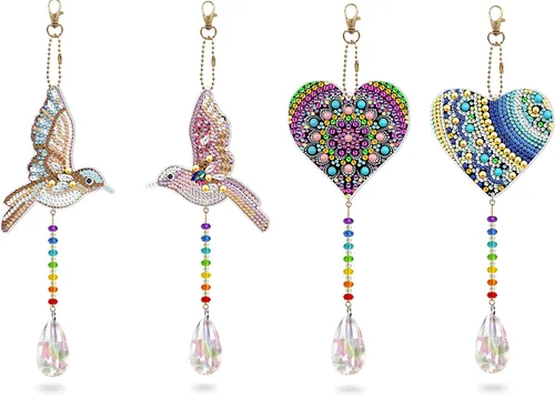 YALKIN 4 piezas de pintura de diamante carillón de viento, corazón de pájaro de doble cara, gema de cristal por número, pintura de diamante, adorno