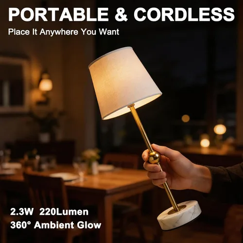 Miniatura 8 de Lámpara de mesa LED inalámbrica de 17.5 pulgadas, recargable y regulable con bombilla magnética desmontable, base de mármol, acabado de latón, luz